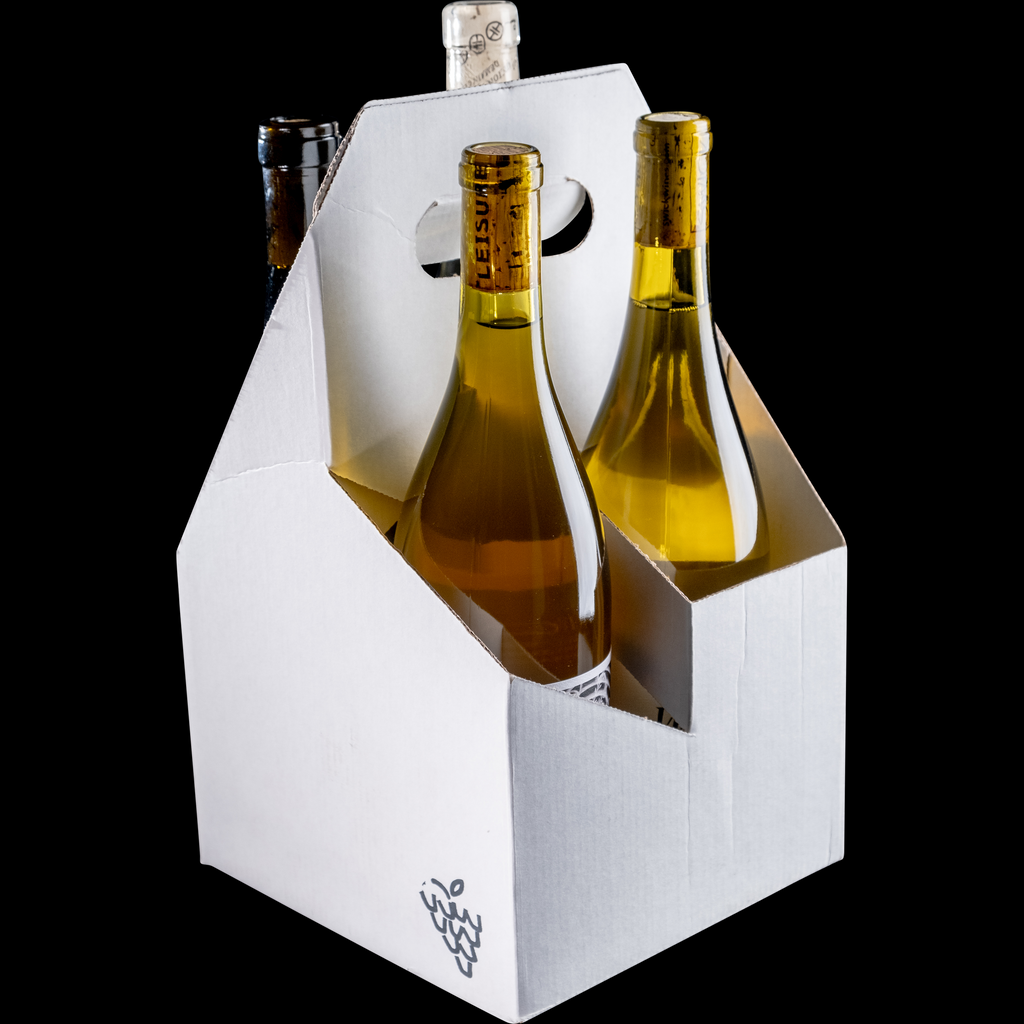 An example photo of what our subscription boxes look like. Essentially like an old school milk carton that's designed for either 4 or 6 bottles of wine, in color white.